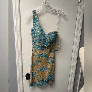One-Shoulder Rachel Allan Turquoise And Latte Lace Dress